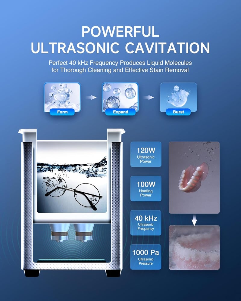 CREWORKS 3L Ultrasonic Cleaner, 0.8 gal Digital Sonic Cavitation Machine, 120W Stainless Steel Professional Jewelry Cleaner for Cleaning Tool Watch Glasses Retainer Denture Parts with Heater & Timer - Image 3